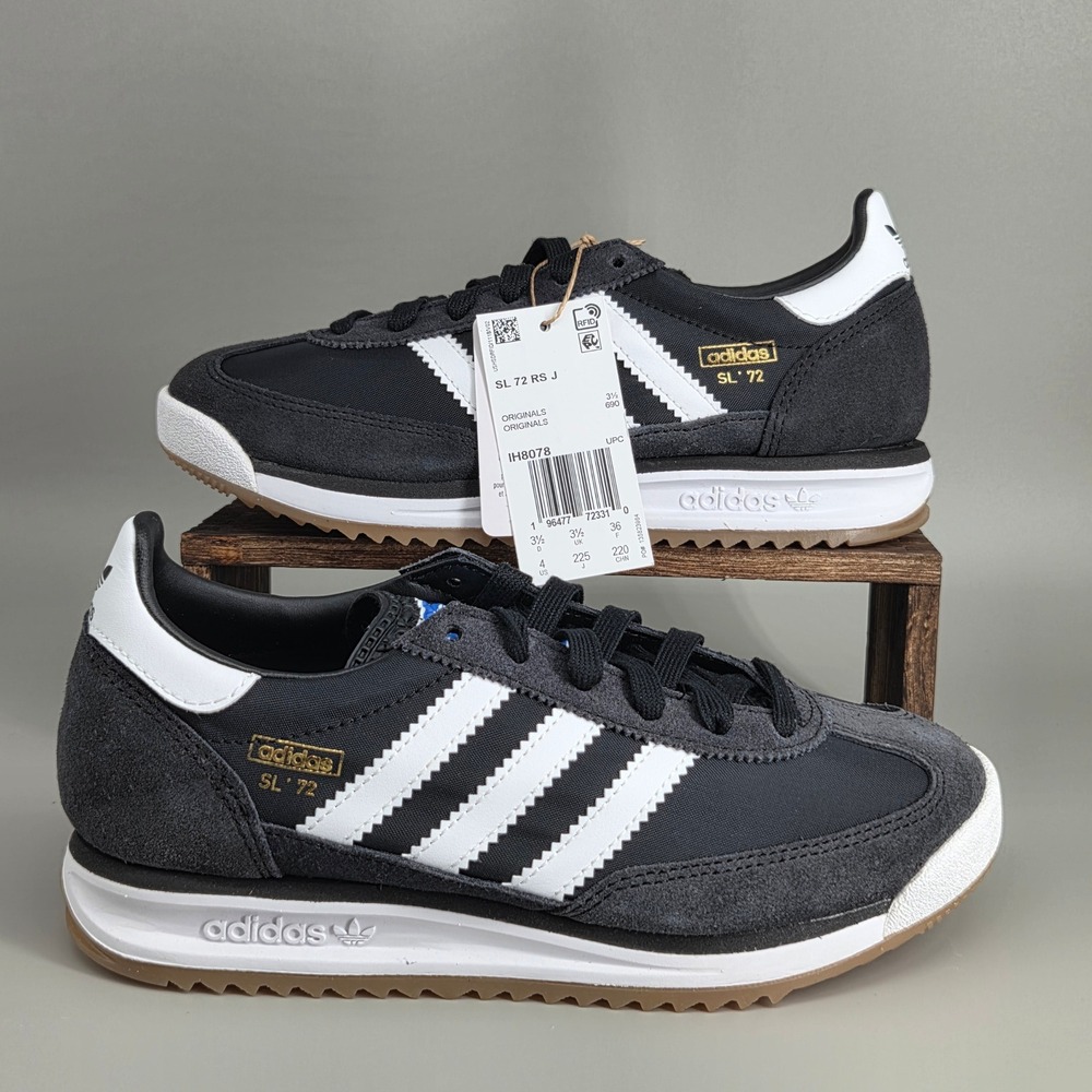 Adidas SL 72 RS J Sneakers Youth Size 4 Black White Gum Retro IH8078 NEW
